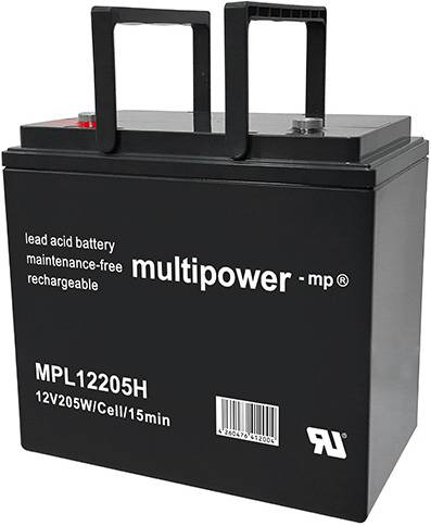Črna svinčeno-kisinska baterija z napisom 'multipower - mp®' in 'MPL12205H 12V205W/Cell/15min', brez vzdrževanja in možnostjo ponovnega polnjenja.