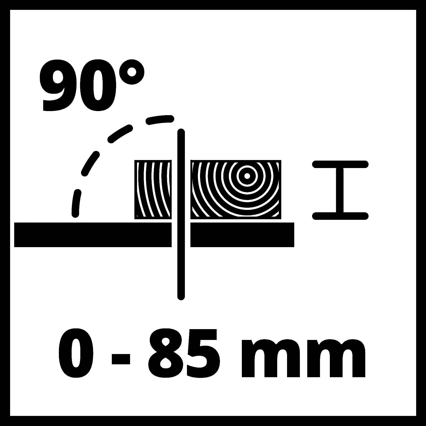 Diagram '90° mejne rezne globine', ki prikazuje kos lesa in žagino rezilo pod pravim kotom ter razpon globine reza od '0 - 85 mm'.