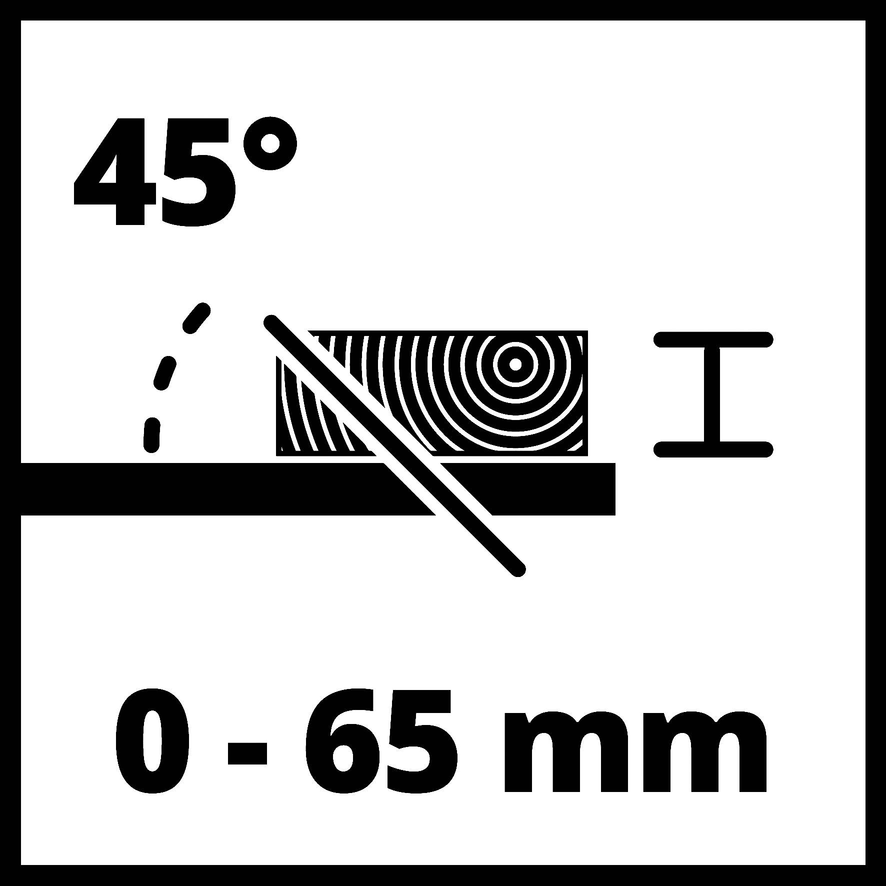 Slika prikazuje simbol, ki označuje nagib krožne žage za rezanje pod kotom 45 stopinj, primeren za materiale debeline do 65 mm.