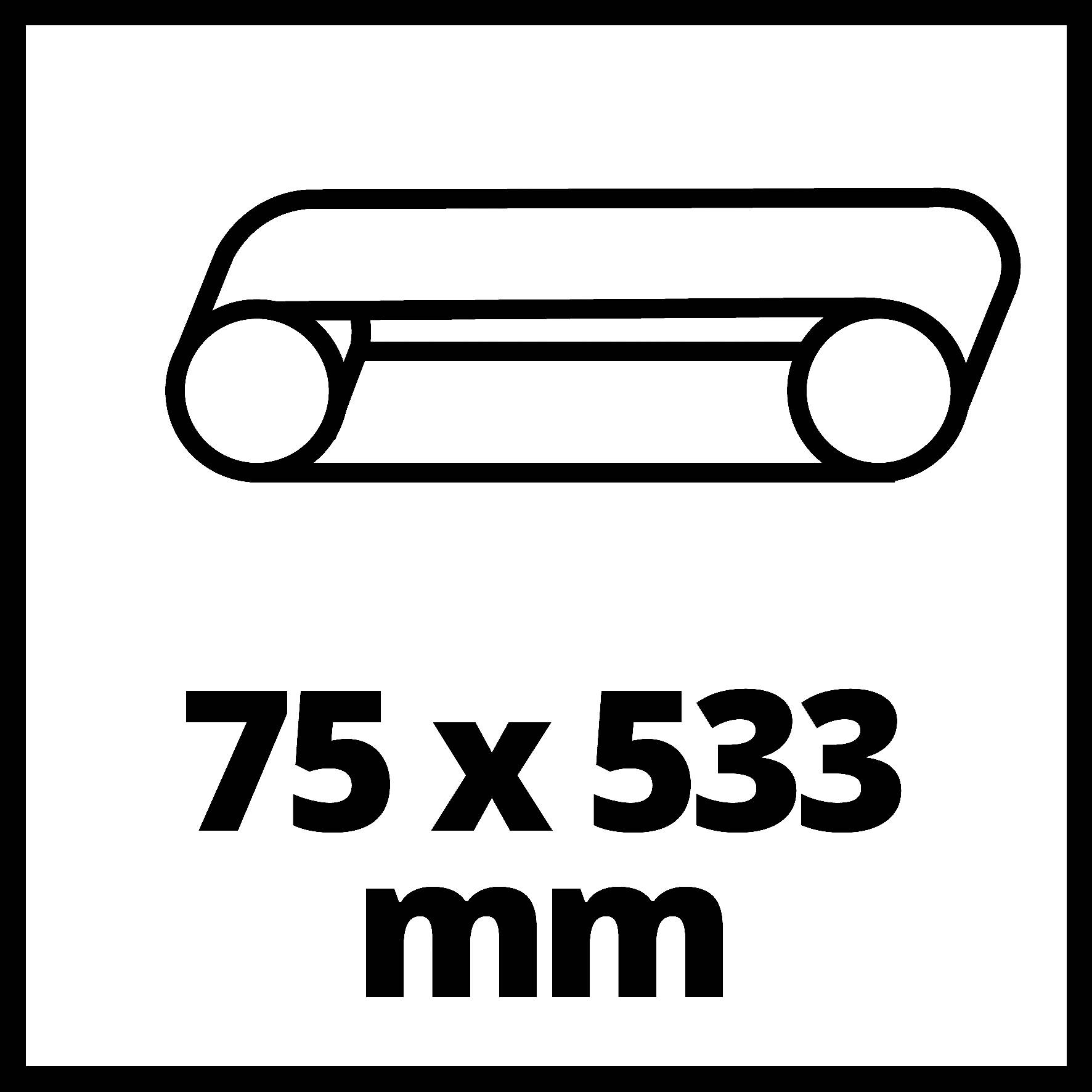 Simbol klasične magnetofonske kasete z merami '75 x 533 mm' spodaj.