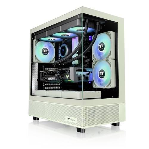 Sodoben namizni računalnik s prozorno stransko ploščo prikazuje pisane LED ventilatorje in grafično kartico 'Geforce' v notranjosti.