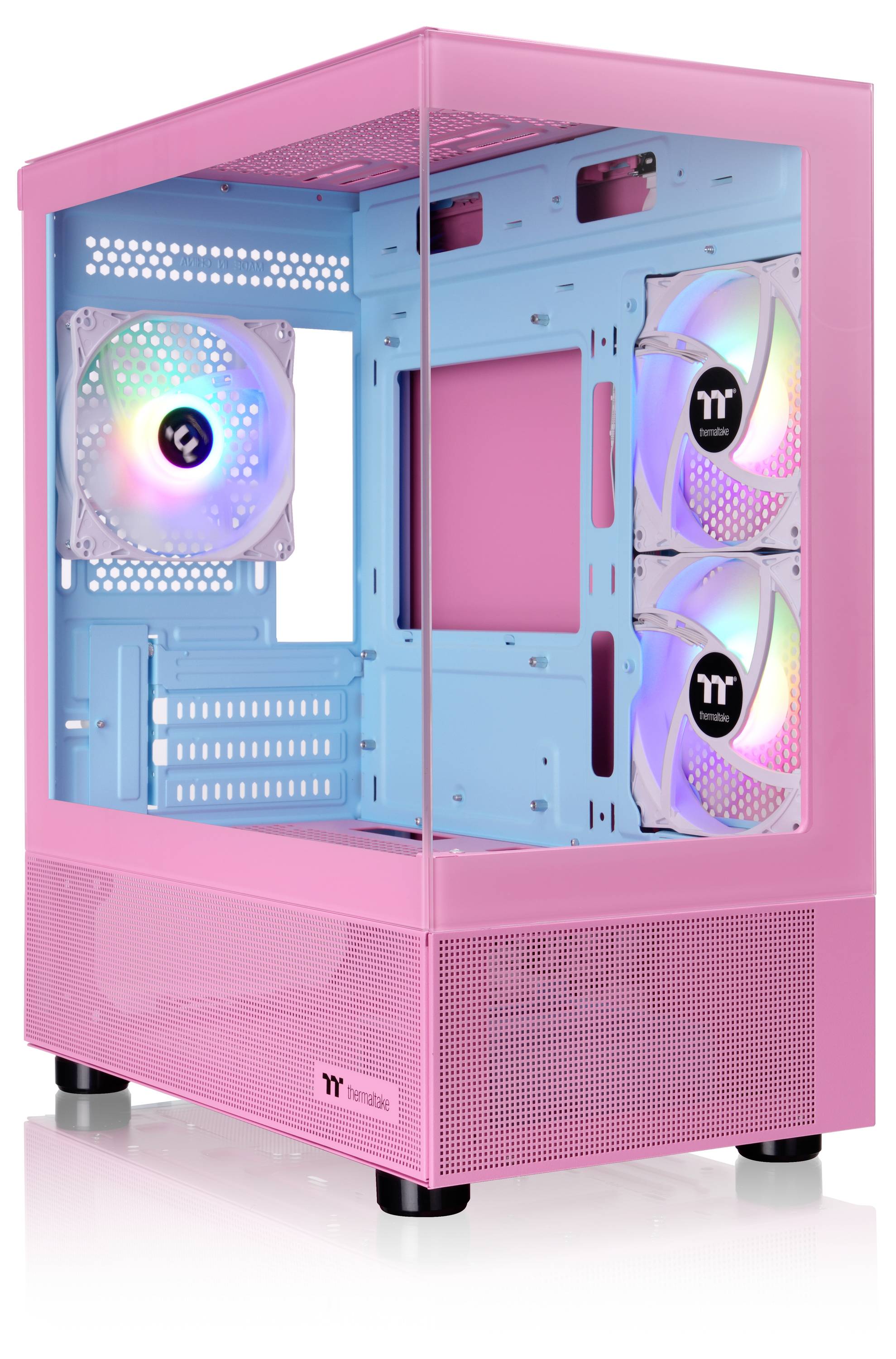 Rožnato ohišje računalnika s prozornim stranskim oknom, več barvnih RGB ventilatorjev, primerno za projekte sestavljanja PC-jev.