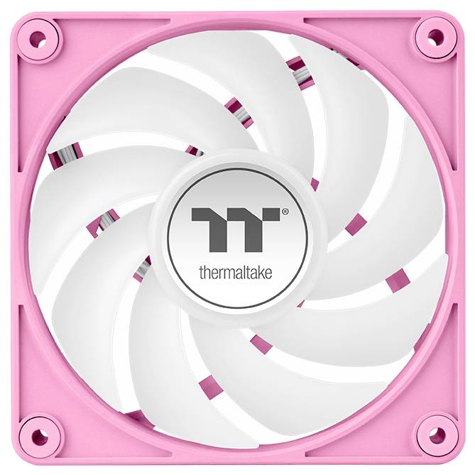 Rožnat računalniški ventilator z belimi rotornimi krili in logotipom 'Thermaltake' na sredini.
