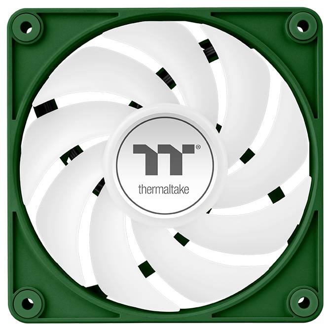 Računalniški ventilator z belim krilom v zelenem okvirju, z logotipom blagovne znamke na sredini; skrbi za hlajenje v računalniških sistemih.