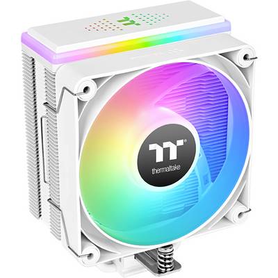 Bel računalniški ventilator z RGB osvetlitvijo prikazuje pisani mavričasti prehod barv. Na sredini je viden logotip 'thermaltake'.