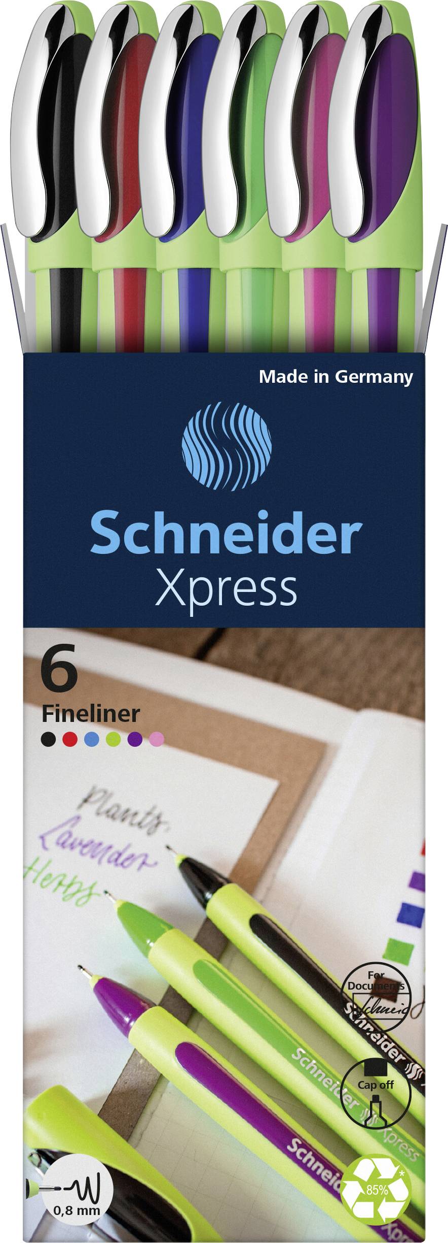 'Schneider Xpress Fineliner paket 6 kosov' v odprti škatli. Vsebuje pisala v različnih barvah. Označeno 'Narejeno v Nemčiji'.