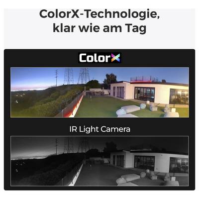 Slika primerja dva fotoaparata nad hišo: "ColorX" prikazuje živahno, jasno nočno sceno, medtem ko "IR svetlobna kamera" deluje temneje in manj podrobno.