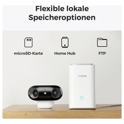 Varnostni kamerni sistem s prožnimi možnostmi lokalnega shranjevanja: microSD kartica, Home Hub in FTP, prikazan s kamero in vozliščem.