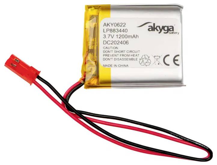 Litij-polimerni akumulator z 3,7 V in 1200 mAh. Ima rdeče in črne priključne žice ter opozorilo, da se ne sme kratko vezati.