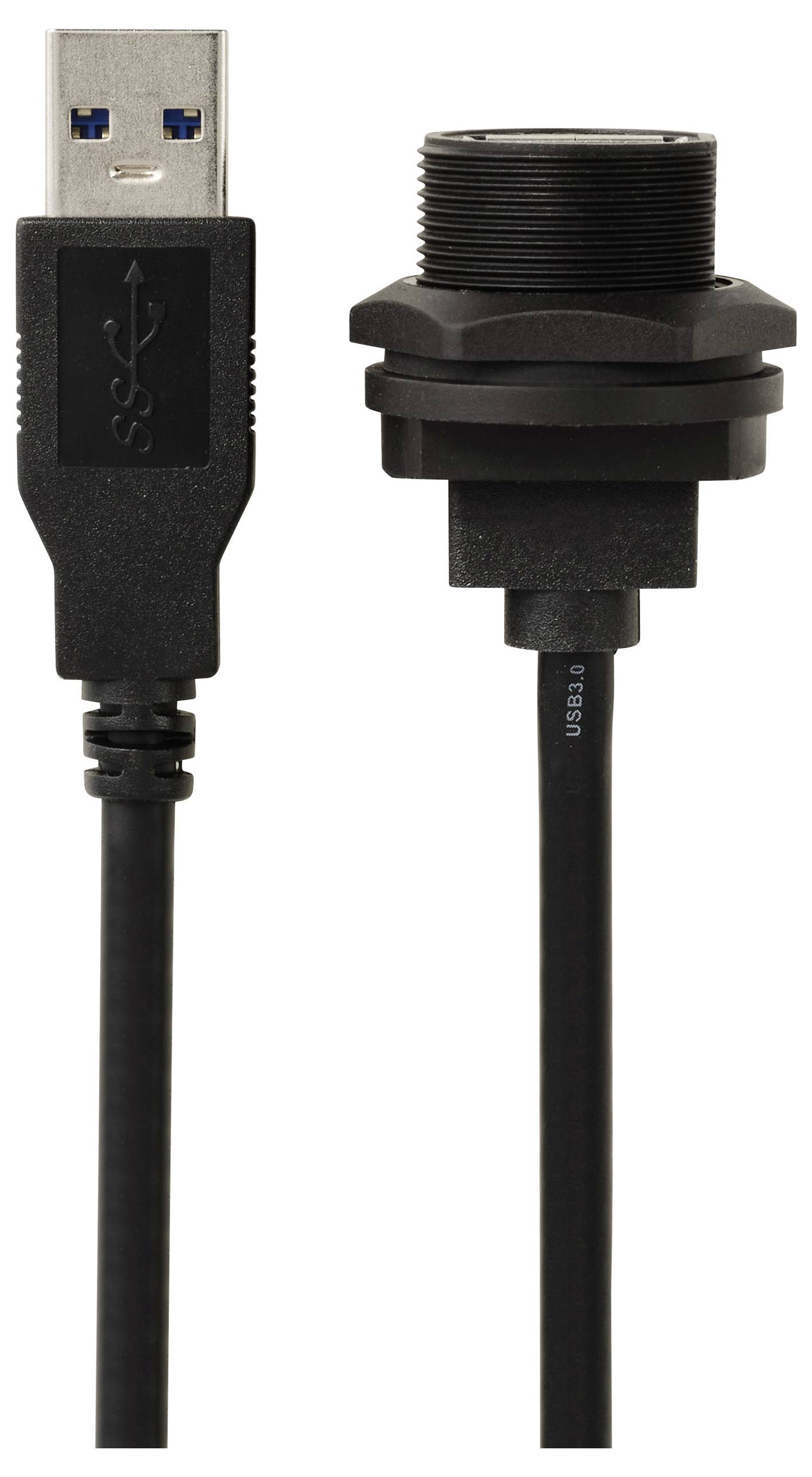 USB 3.0 kabel s priključki, sestavljen iz standardnega USB vtikača in panel-mount priključka za industrijsko uporabo.