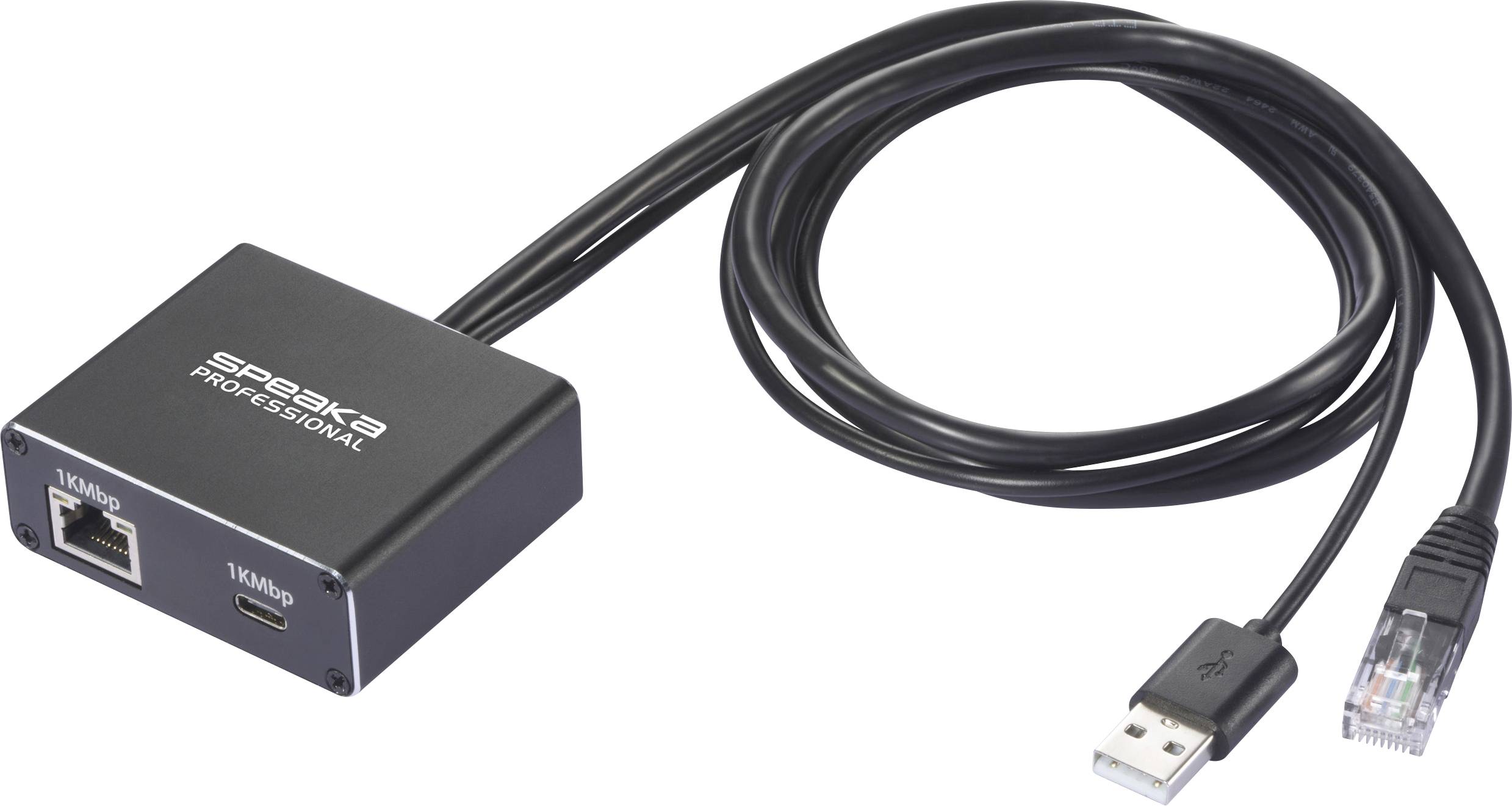 Črn adapter z USB- in RJ45-priključki, povezan s kablom. Oznaka 'SPEAKA PROFESSIONAL' na ohišju.