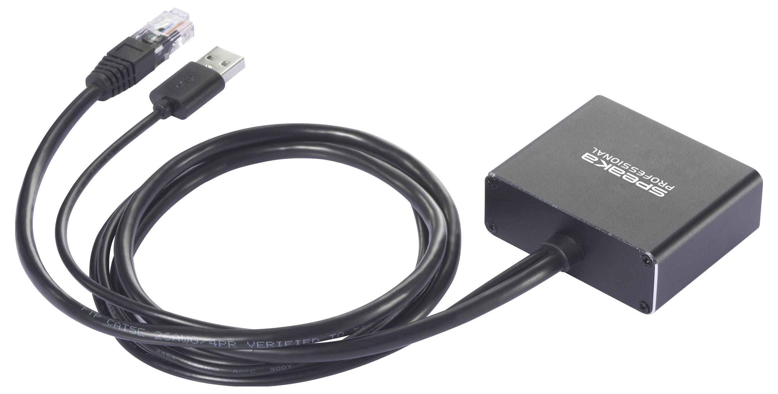 Črn USB kabel s kvadratnim adapterjem in RJ45 vtikačem. Naprava z napisom 'Proxima Professional'.