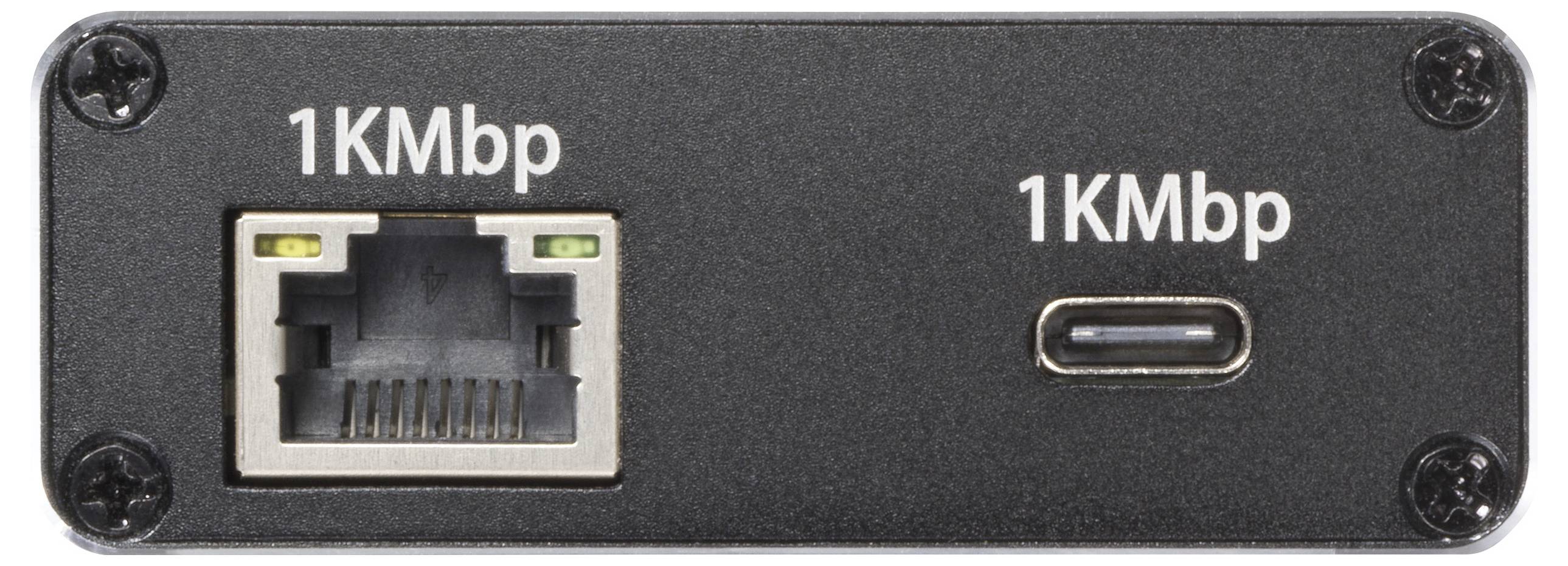 Črna naprava z vmesniki: levo LAN-port in desno USB-C-port, oba označena z napisom '1KMbp'.