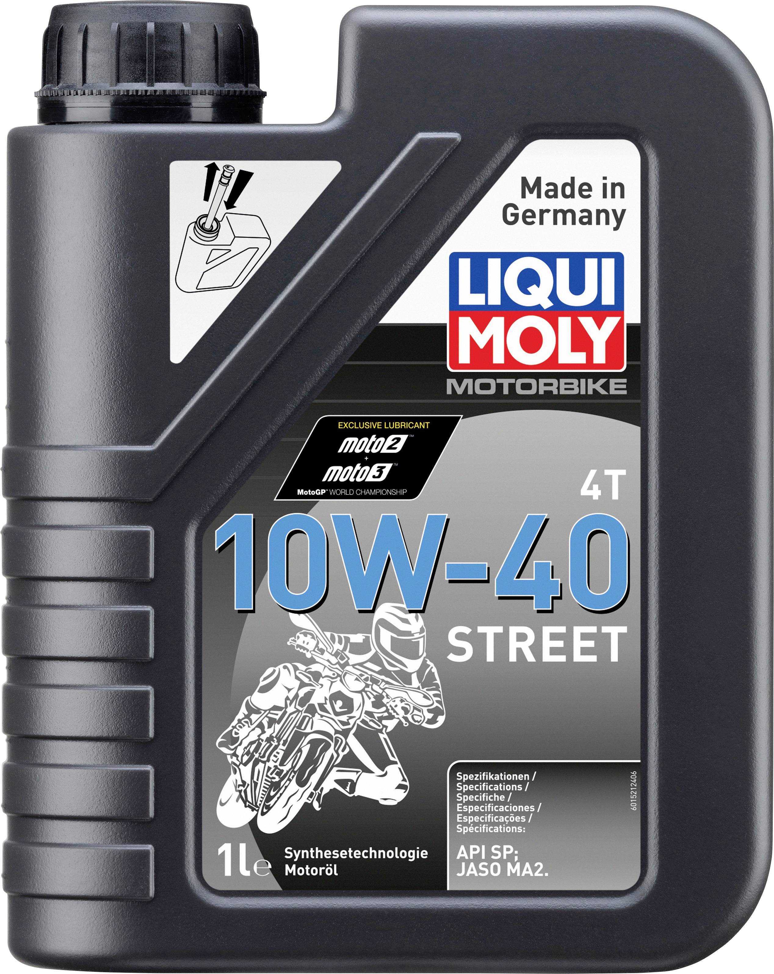 Oljni kantes z napisom '10W-40 STREET', slika motorja, blagovna znamka Liqui Moly, 1 liter, namenjen motorjem motornih koles, izdelano v Nemčiji.
