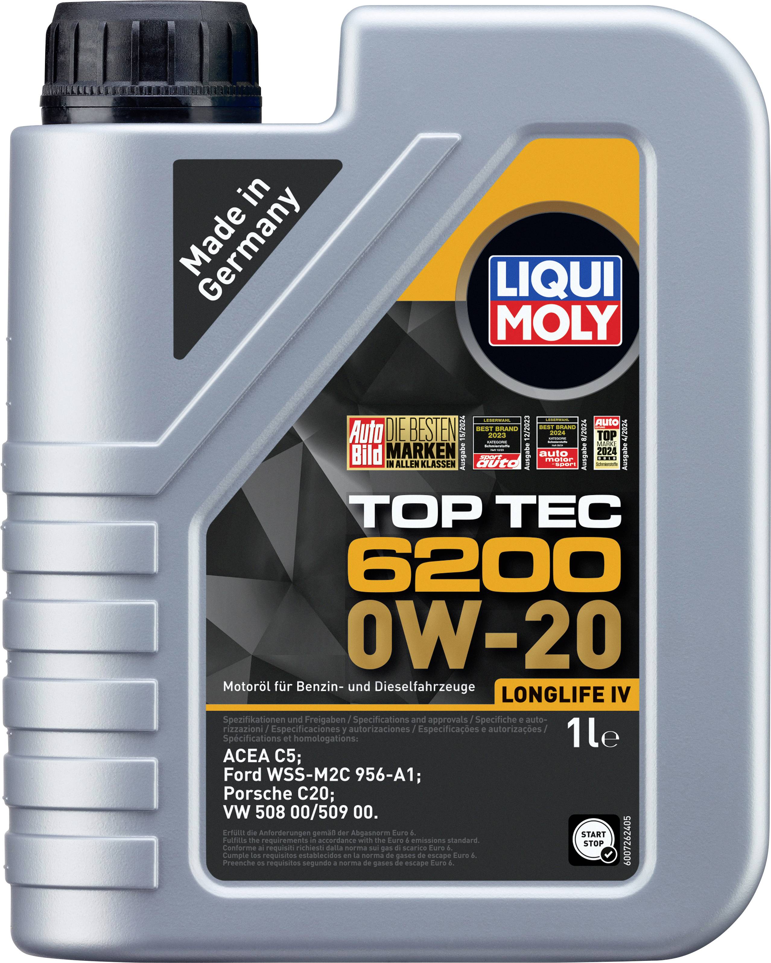 Siv kanistar z 1 litrom motornega olja 'Liqui Moly Top Tec 6200 0W-20', primeren za bencinske in dizelske motorje. Izdelano v Nemčiji.