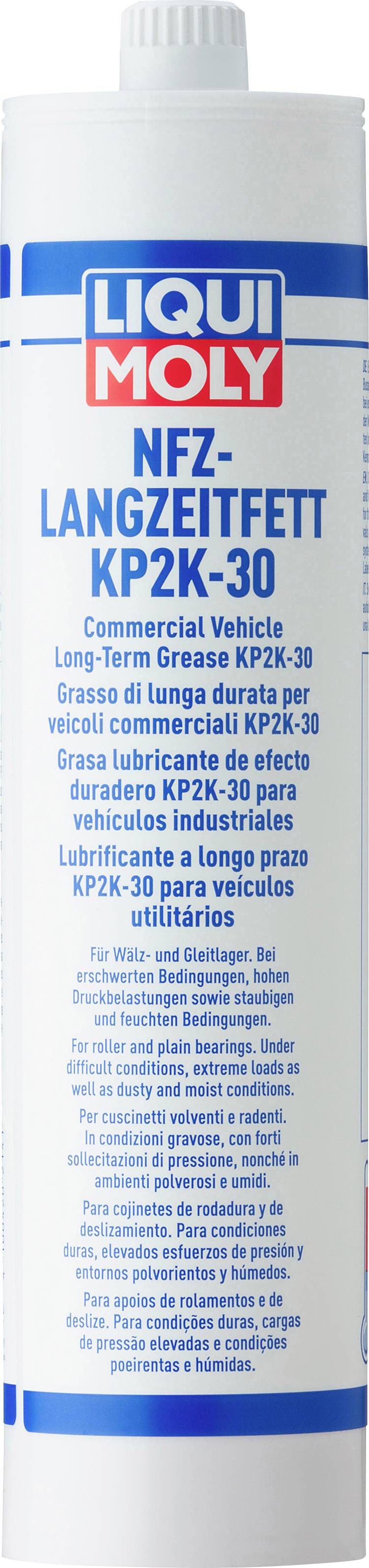 Cev z napisom 'Liqui Moly NFZ-Dolgotrajno mazivo KP2K-30', mazivo za gospodarska vozila.