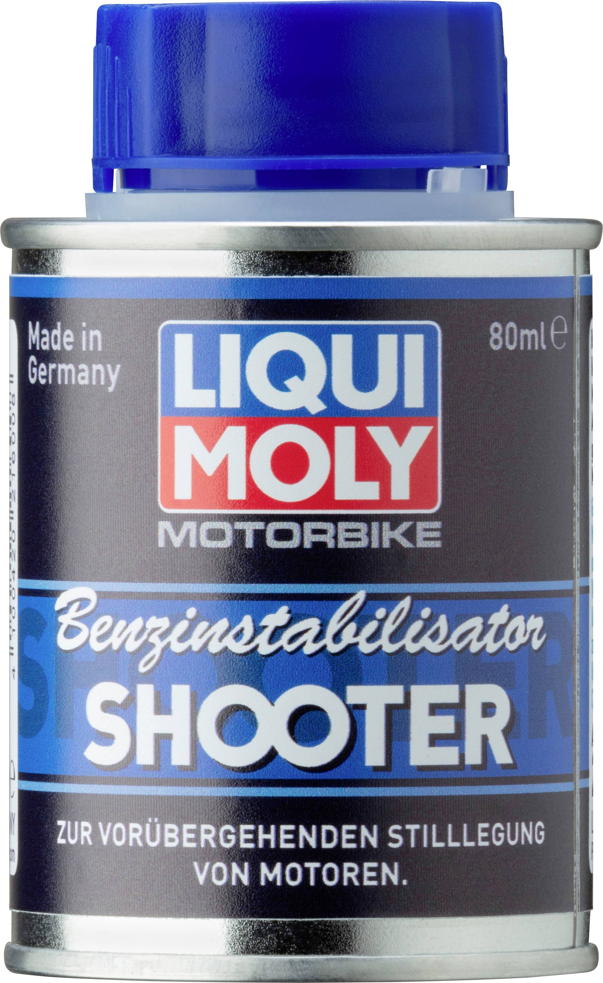 Ena doza Liqui Moly stabilizatorja goriva Shooter za motorna kolesa, 80 ml, za konzerviranje goriva med daljšo neuporabo.