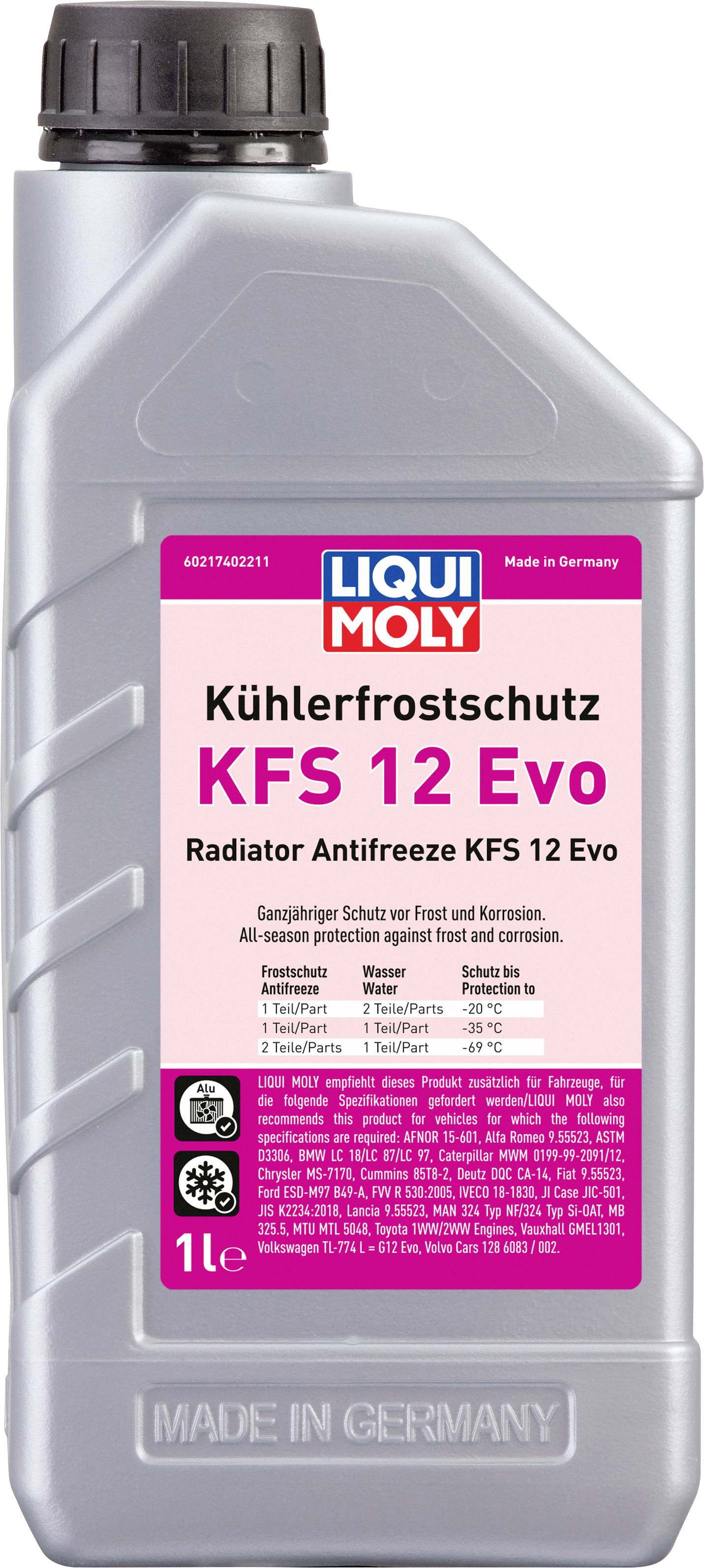 LIQUI MOLY Hladilni antifriz KFS 12 Evo v sivi 1-litrski steklenici. Nudi zaščito pred zmrzaljo in korozijo. Primeren za vse motorje.