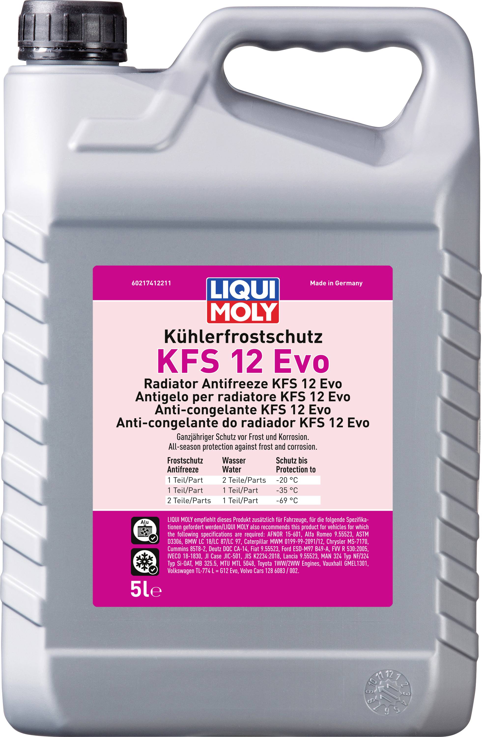5-litrski kanister hladilne tekočine Liqui Moly, imenovan 'Zaščita pred zmrzovanjem hladilnika KFS 12 Evo', za hladilne sisteme motornih vozil.