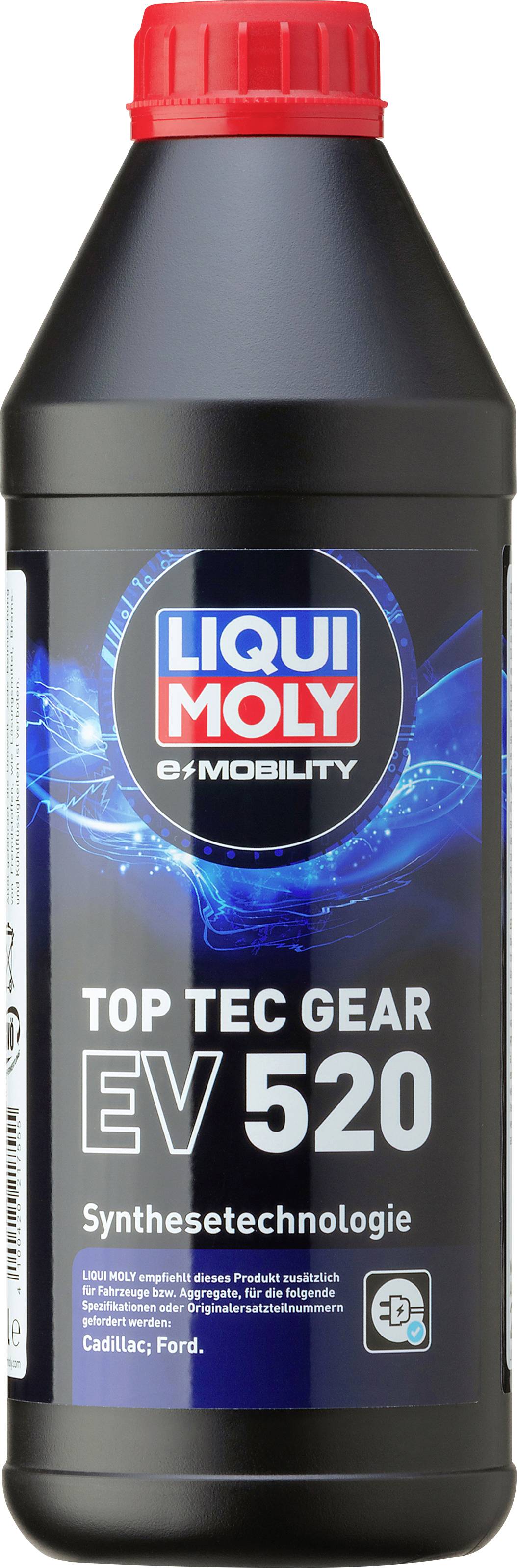 Črna steklenica z rdečim zamaškom. Napis 'Liqui Moly Top Tec Gear EV 520, sintetska tehnologija'.