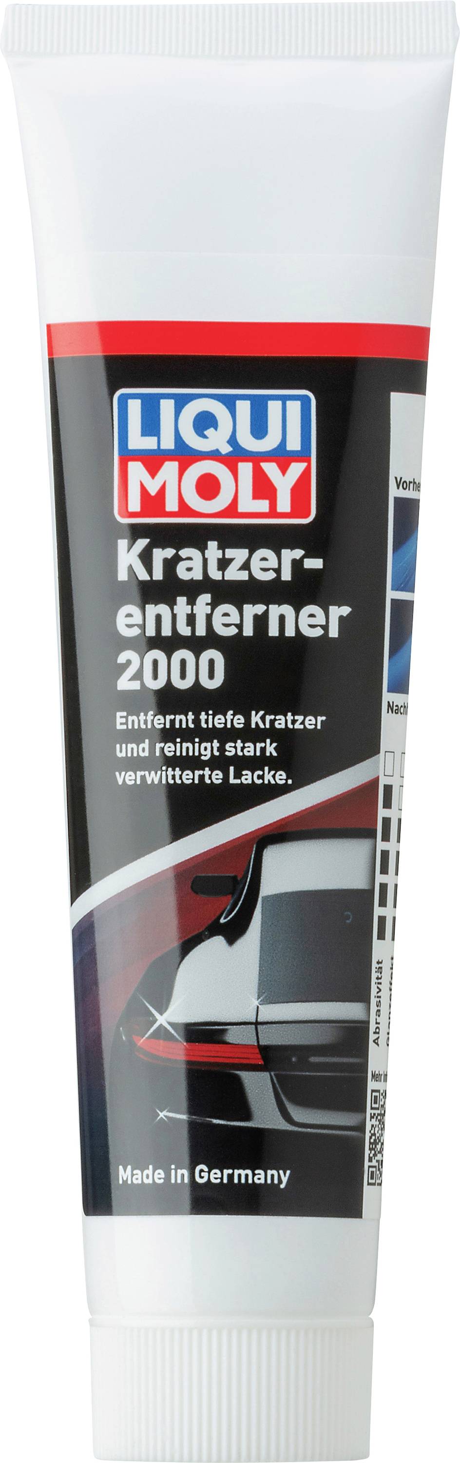 Bela cev z logotipom 'Liqui Moly' in napisom 'Odstranjevalec prask 2000', namenjena odstranjevanju prask na avtomobilskem laku.