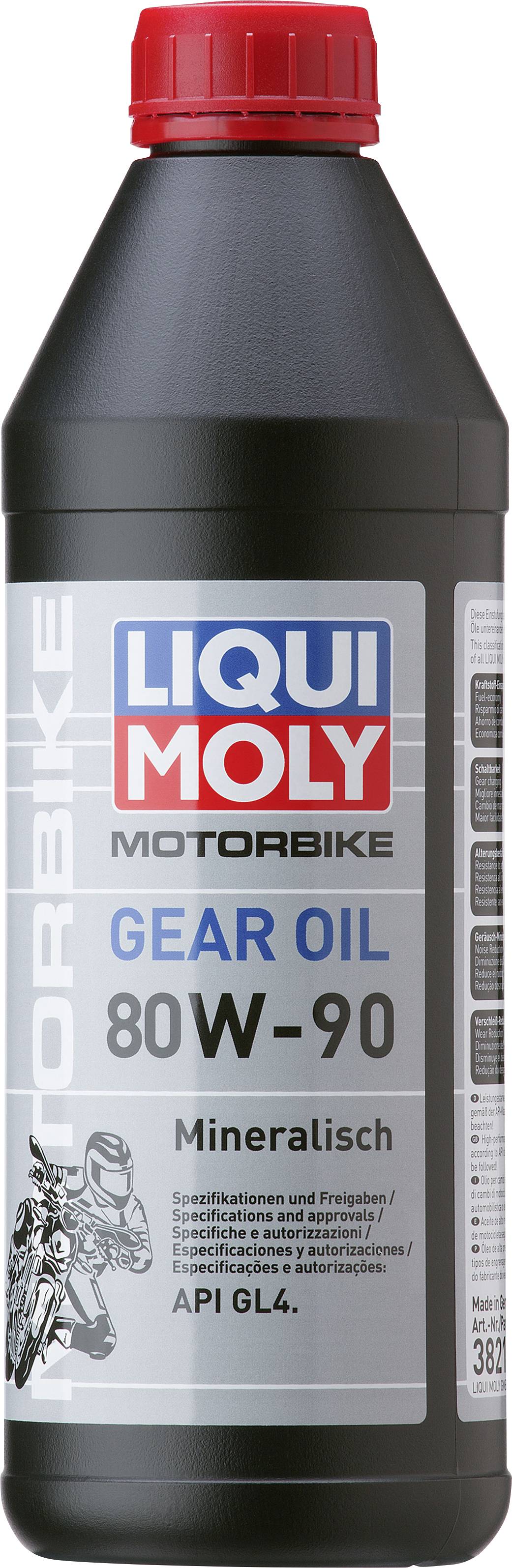 Motorno olje za motorno kolo v steklenici z napisom 'LIQUI MOLY Motorno olje za menjalnik 80W-90 Mineralno'.
