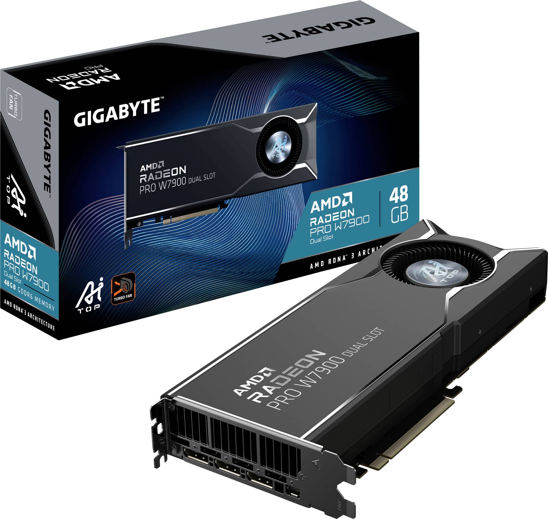 Grafična kartica AMD Radeon Pro W7900 z 48 GB pomnilnika, črne barve. Embalaža prikazuje sliko izdelka in znamko Gigabyte.