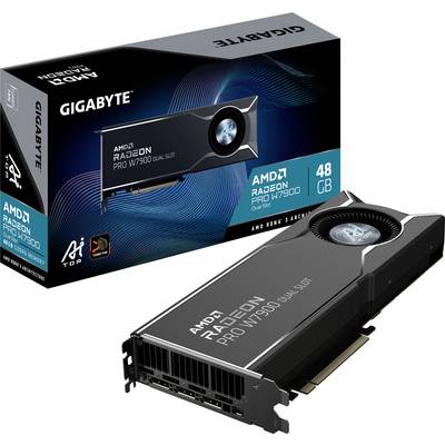 Grafična kartica AMD Radeon Pro W7900 z 48 GB pomnilnika, črne barve. Embalaža prikazuje sliko izdelka in znamko Gigabyte.