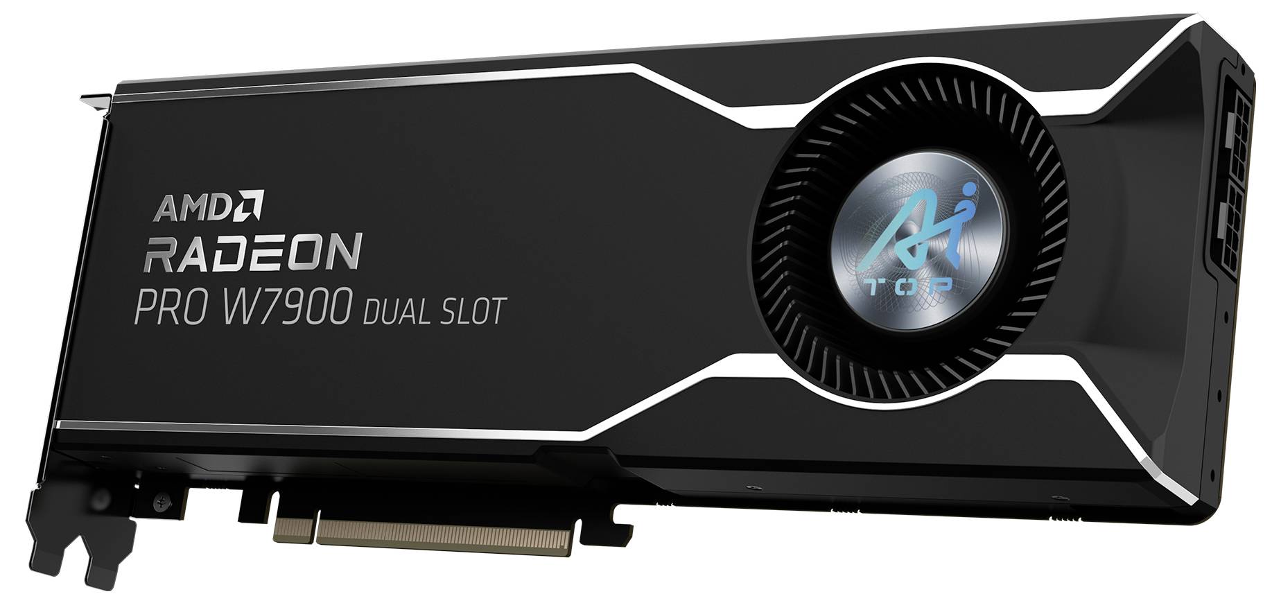 Črna grafična kartica AMD Radeon Pro W7900 z logotipom 'AI Top' na ventilatorju.