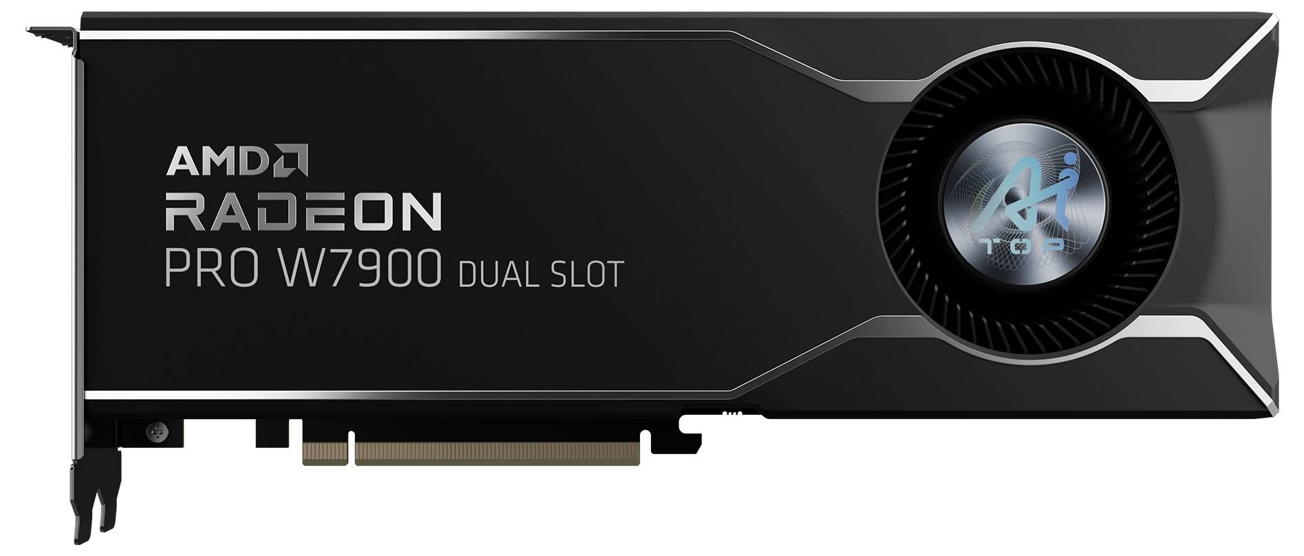 'AMD Radeon Pro W7900 Dual Slot' grafična kartica, črna, ventilator desno, PCIe vmesnik spodaj, za profesionalne aplikacije.