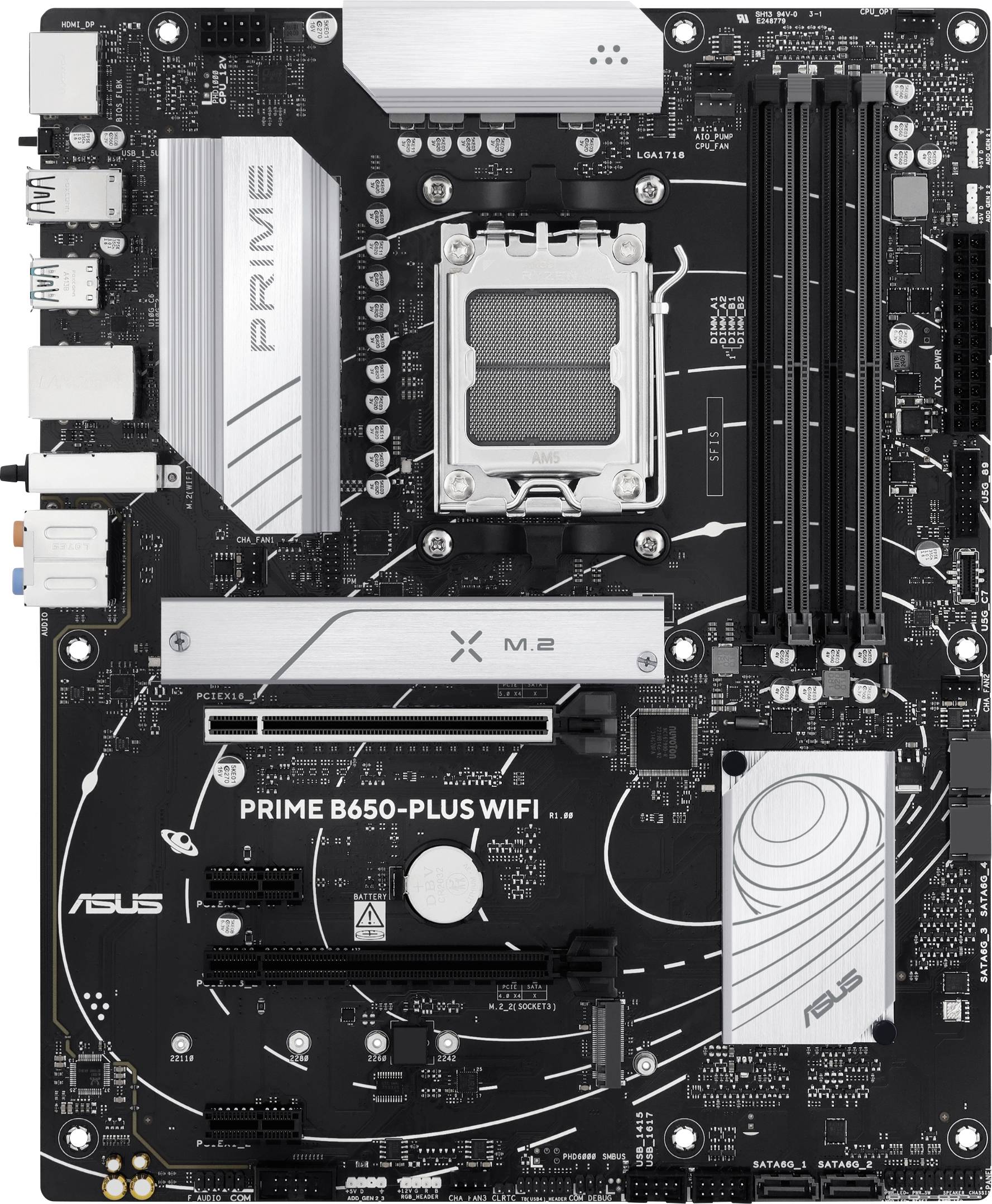 Glavna plošča 'ASUS Prime B650-Plus WIFI' s podnožjem, reže za RAM in PCIe reže; primerna za moderne procesorje in razširitve.