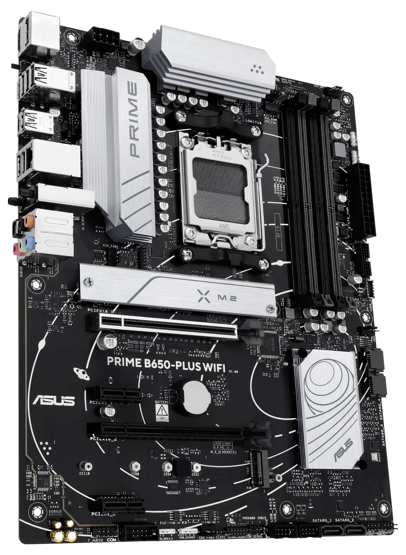 Matična plošča Asus PRIME B650-PLUS WIFI. Prikazuje CPU vtičnico, pomnilniške reže in PCIe vmesnike. Primerna za zmogljive osebne računalnike.