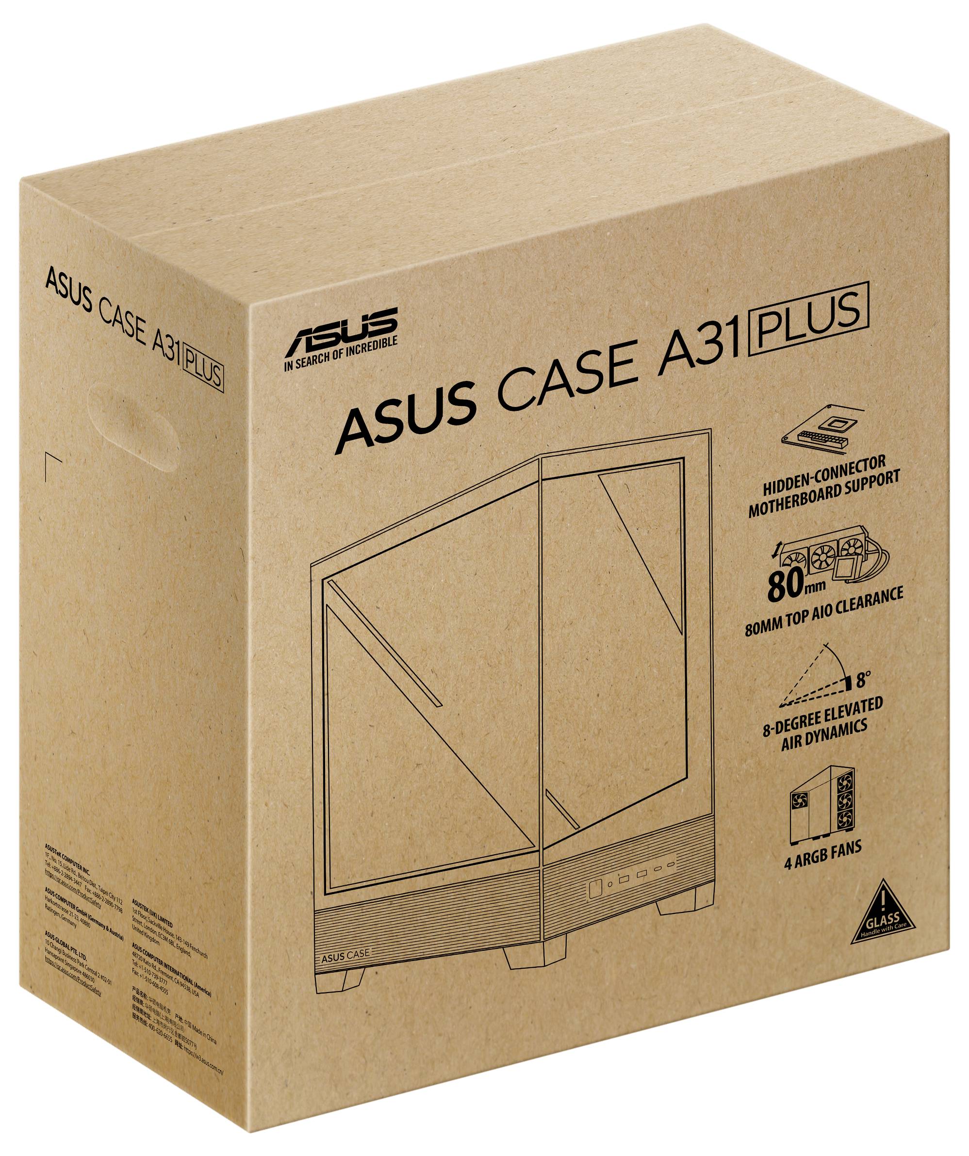 'ASUS ohišje A31 PLUS': Embalaža računalniškega ohišja. Vsebuje podrobnosti o oblikovnih značilnostih, kot so skrito upravljanje kablov in pozicije ventilatorjev.