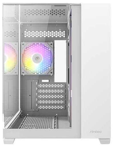 Računalniško ohišje s prosojnim stranskim panelom, ki prikazuje RGB ventilatorje v notranjosti. Zasnovano za sestavo računalnika in učinkovito hlajenje.