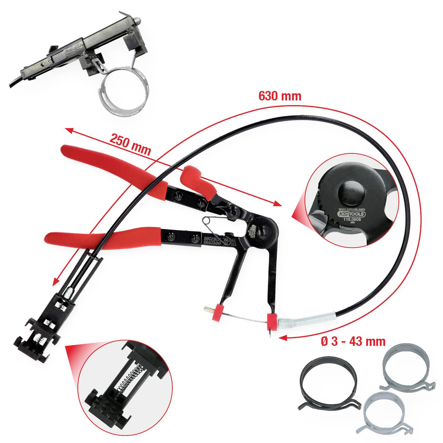 Orodje za nameščanje cevnih objemk, sestavljeno iz klešč z mehanizmom za kable. Primerno za objemke velikosti 0-43 mm.