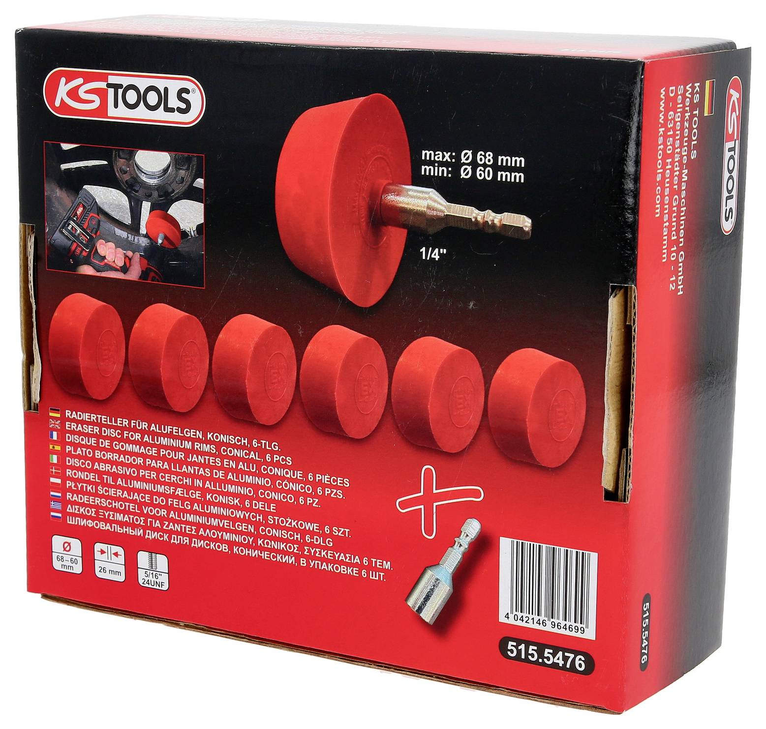 Embalaža KS Tools. Prikazanih je šest stožčastih brusilnih sredstev z maksimalnim premerom 68 mm in minimalnim premerom 60 mm.
