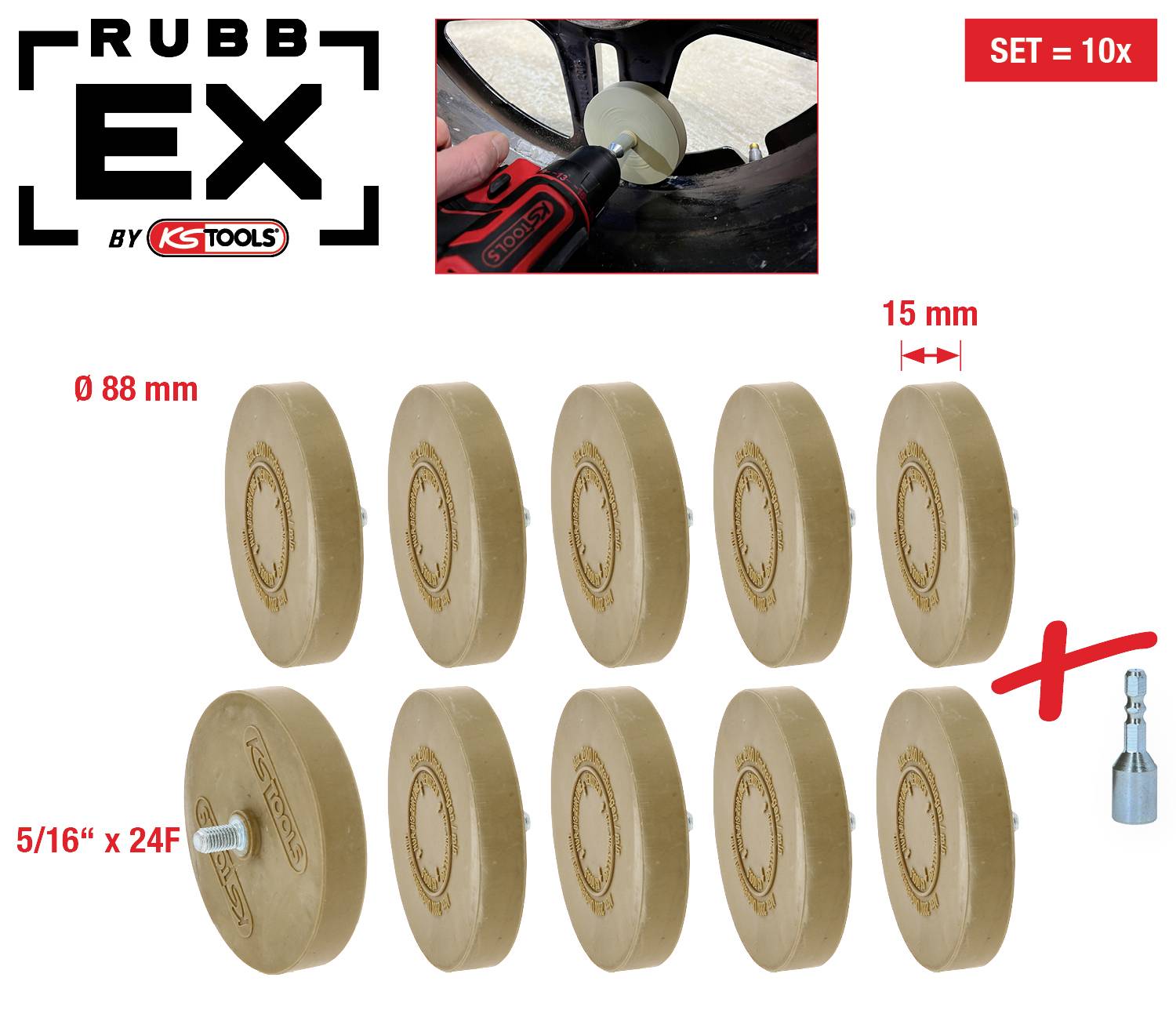 'Komplet desetih rjavih radirnih gum znamke RubbEx, premera 88 mm, debeline 15 mm, nameščenih z 5/16'' x 24F adapterjem.'