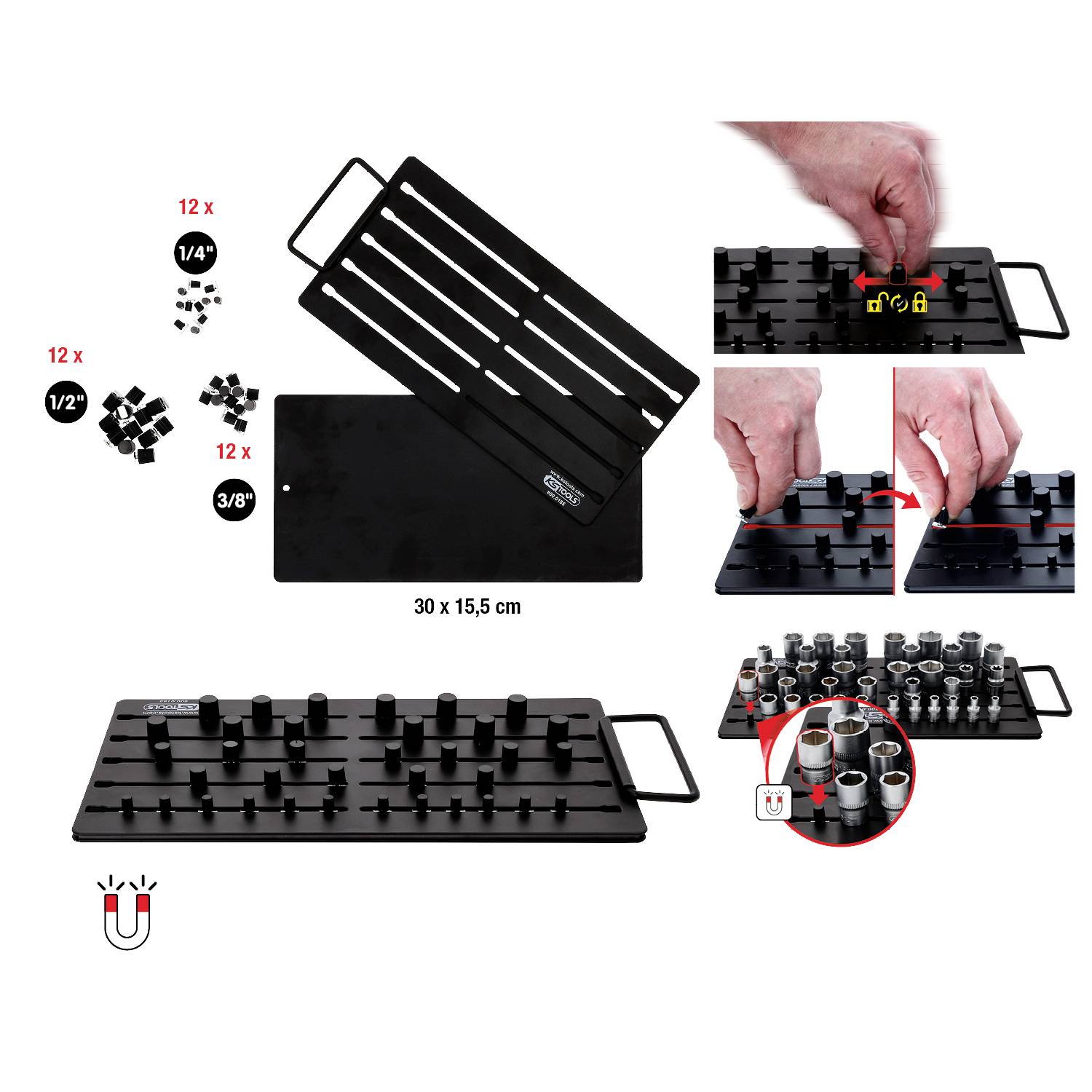 Grafični prikaz prikazuje magnetično organizacijsko ploščo z režami za različna orodja; ilustrirani so primeri uporabe.