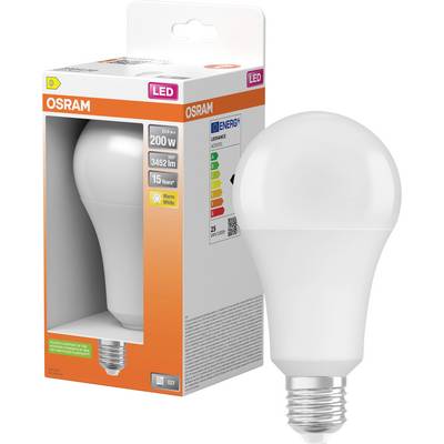 OSRAM LED svetilka z embalažo, označena kot 200W ekvivalent, 3452 lumnov, 15 let, topla bela barva in podnožje E27.