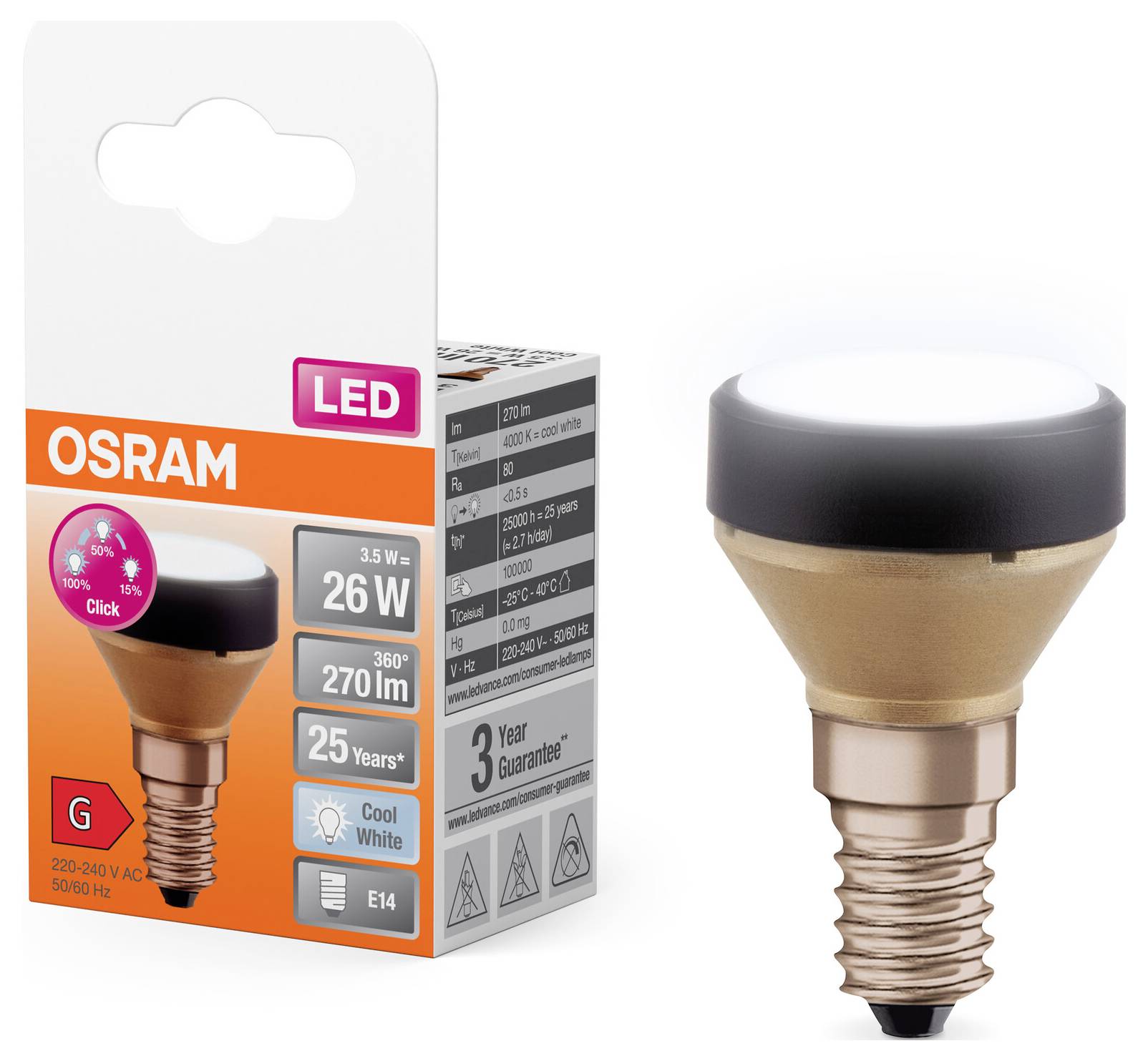 LED-žarnica in embalaža, blagovna znamka Osram. Poraba električne energije 3,5 W, svetlobni tok 270 lm, barva svetlobe Cool White. Podnožje E14.