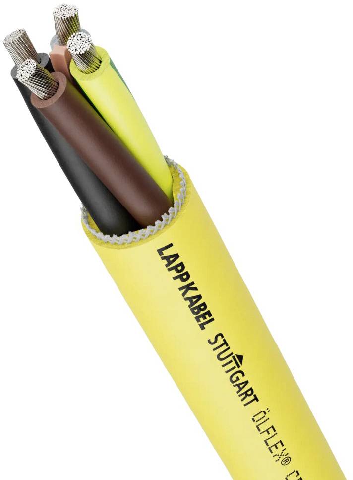 Rumeno kablo z več barvnimi žilami in odstranjeno izolacijo. Napis: 'LAPP KABEL STUTTGART ÖLFLEX CLASSIC 110'.