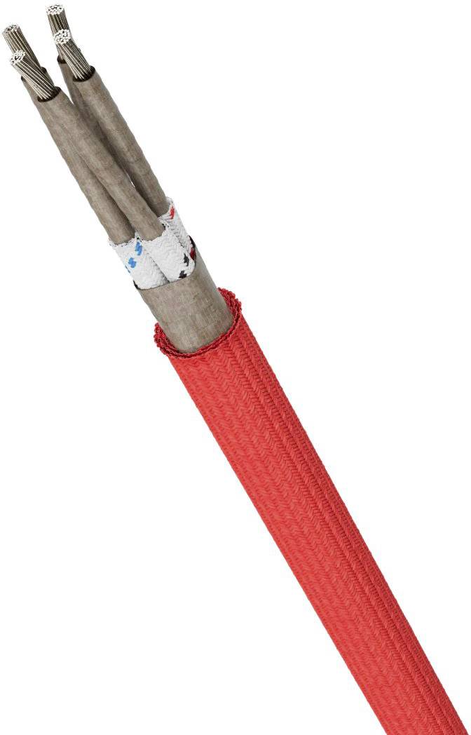 Rdeč omrežen kabel s tremi prevodnimi žicami, delno izpostavljenimi. Primeren za električne ali tehnične aplikacije.