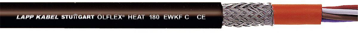 Črn kabel z napisom 'LAPP KABEL STUTTGART ÖLFLEX HEAT 180 EWKF-C - CE', vidno zaščiten, rdeče in vijolične žile.