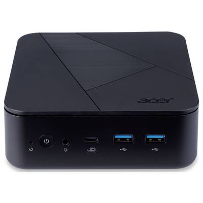 Črn mini-računalnik z logotipom blagovne znamke, dvema USB 3.0 priključkoma in USB-C priključkom na sprednji strani ter omrežnim stikalom.