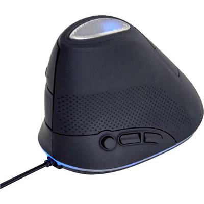Ergonomska vertikalna miška s črnim dizajnom in modro LED-osvetlitvijo, primerna za udobno uporabo računalnika.