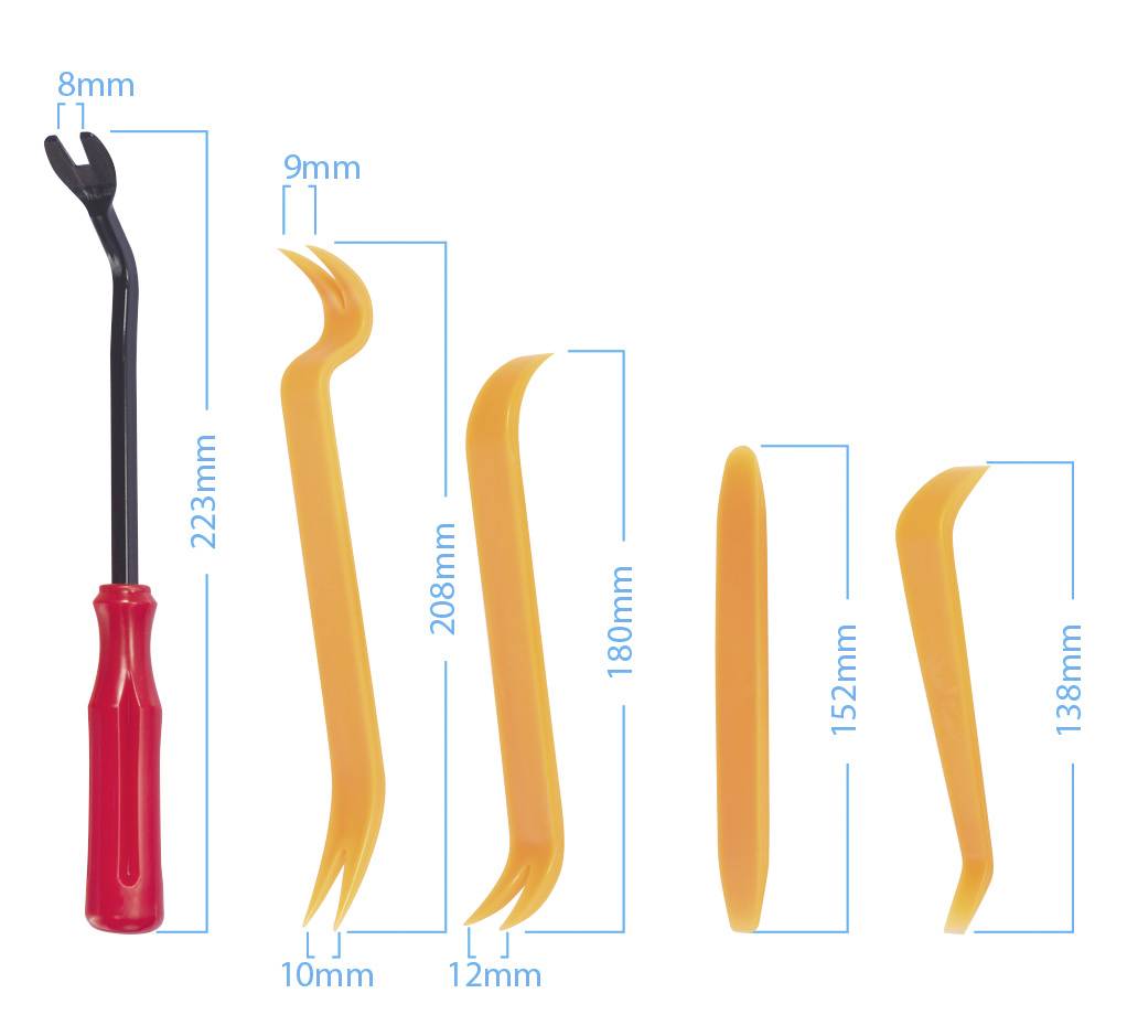 Slika prikazuje pet oranžnih plastičnih orodij in eno črno kovinsko orodje z rdečim ročajem. Mere segajo od 138 mm do 223 mm.
