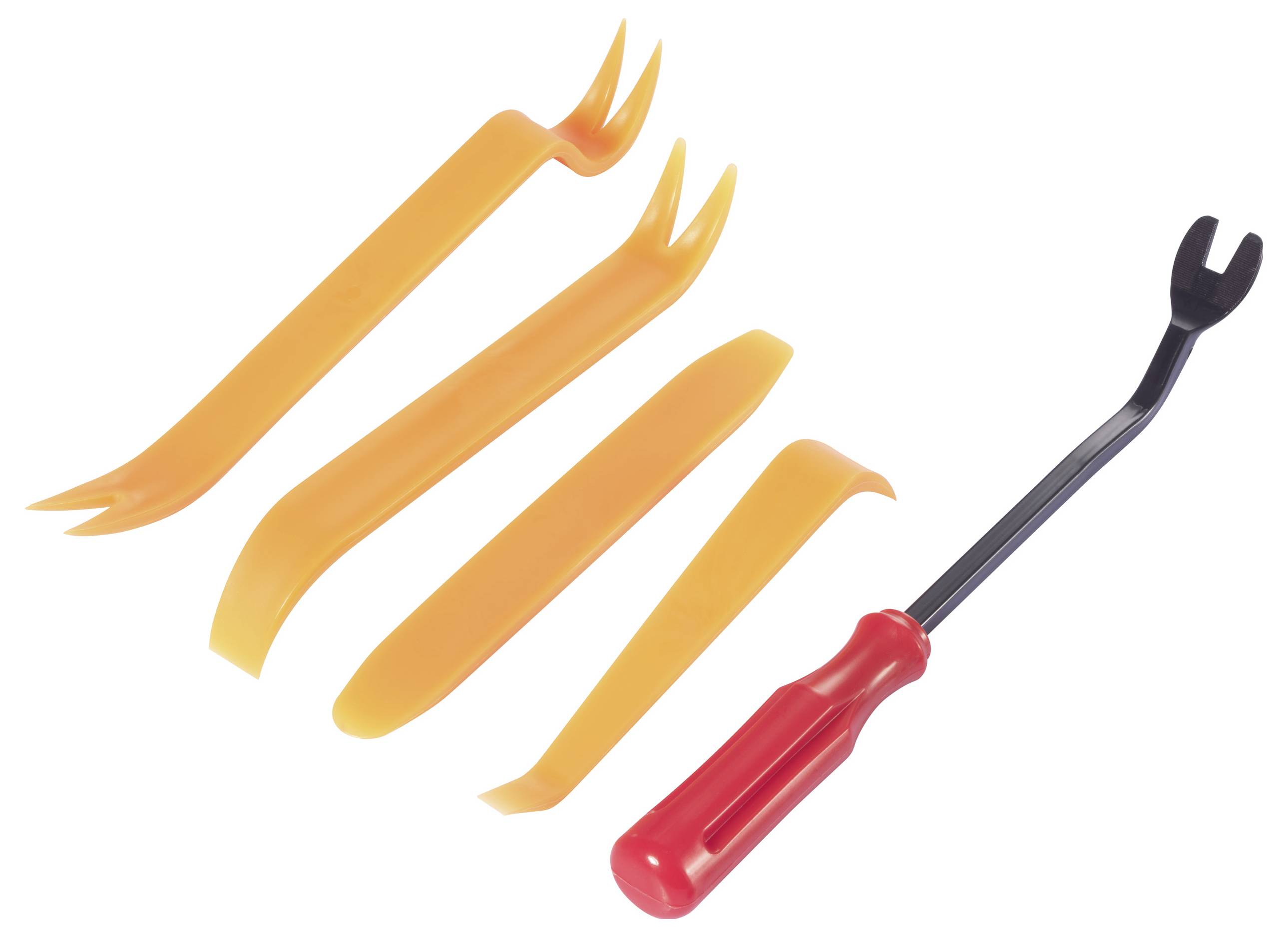 Set petih oranžnih plastičnih demontažnih orodij in enega črnega kovinskega orodja z rdečim ročajem, ki se uporablja za razstavljanje oblog vozil.