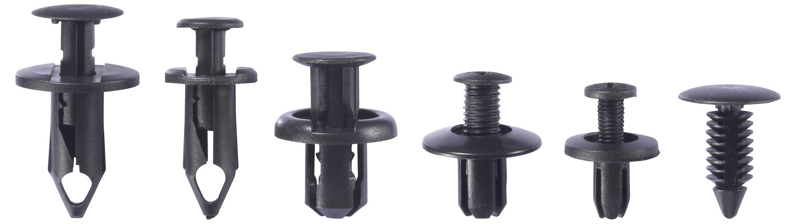 Šest črnih plastičnih pritrdilnih elementov različnih velikosti in oblik, postavljenih v vrsto na beli podlagi.