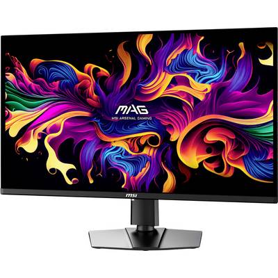Gaming monitor prikazuje živahen, barvit abstrakten ozadjem z dinamičnim barvnim vzorcem, poudarjen s tekstom 'MAG'.