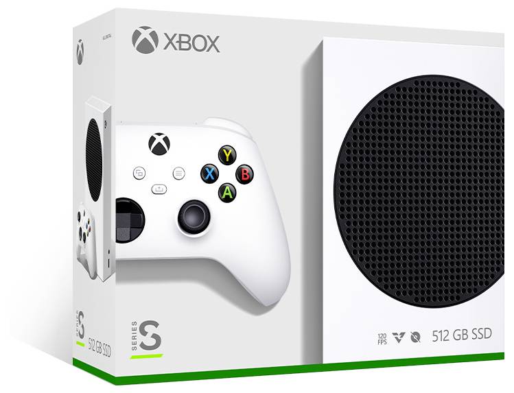 Škatla igralne konzole Xbox Series S, ki prikazuje bel kontroler in konzolo s črno prezračevalno rešetko in 512 GB SSD pogonom.